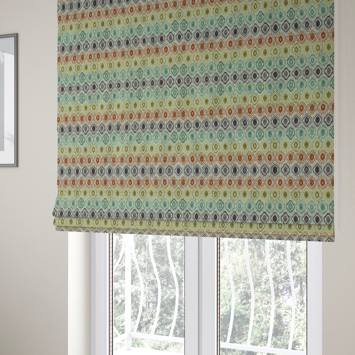 Multicoloured Geometric Pattern Trellis Theme Chenille Material Upholstery Fabrics JO-1042 - Roman Blinds