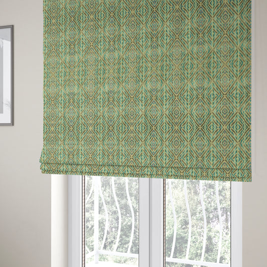 Shades Of Blue Greens Grey Geometric Velvet Raised Upholstery Fabric JO-1043 - Roman Blinds