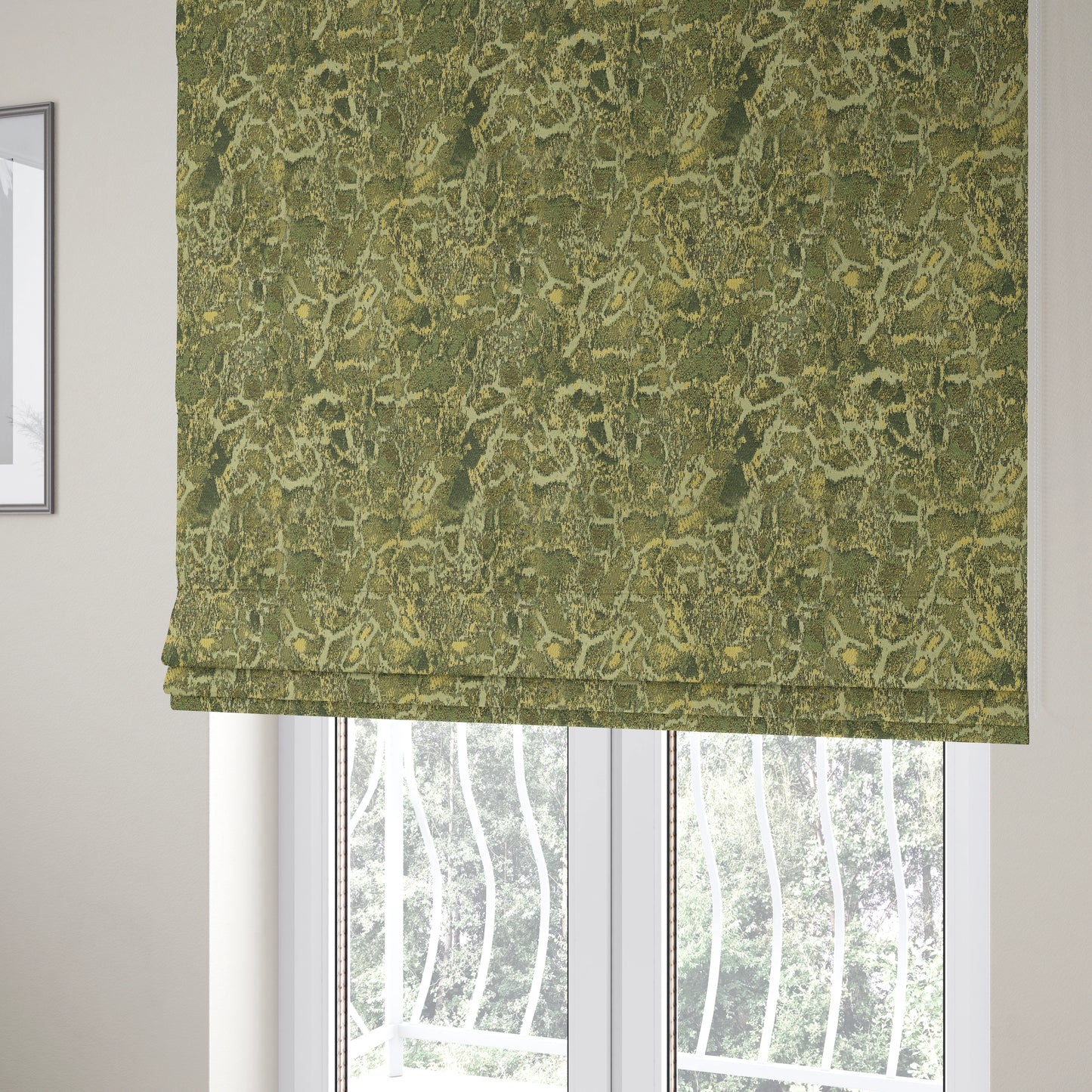 Abstract Camouflage Pattern In Green Colour Chenille Jacquard Upholstery Fabric JO-1048 - Roman Blinds