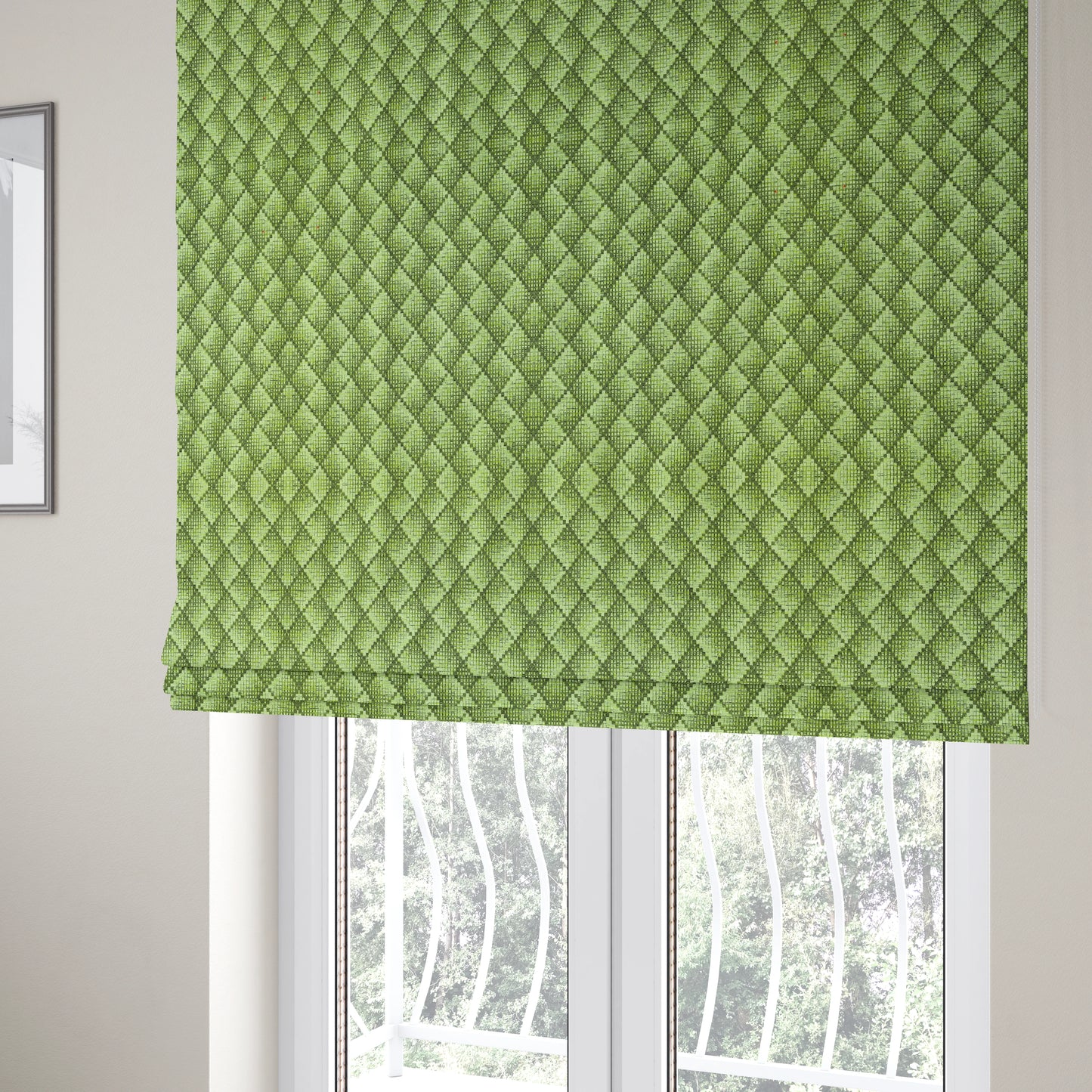 Squared Geometric Pattern Green Colour Chenille Upholstery Fabric JO-1055 - Roman Blinds