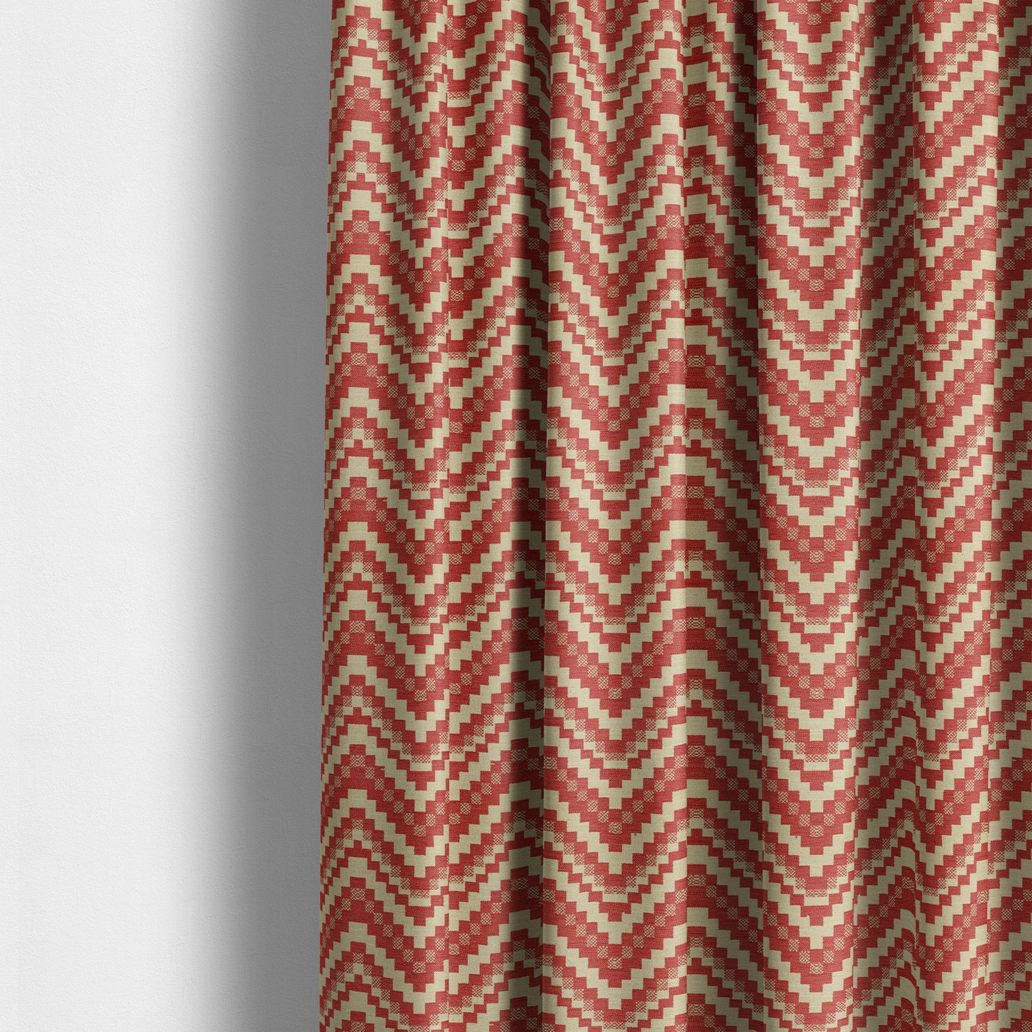 Red Cream Colour Cubed Chevron Pattern Furnishing Fabric JO-1078 - Made To Measure Curtains