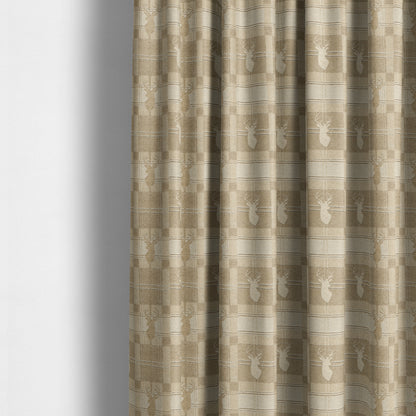 Highland Collection Luxury Soft Like Cotton Feel Stag Deer Head Animal Design On Checked Golden Beige Background Chenille Upholstery Fabric JO-108 - Made To Measure Curtains