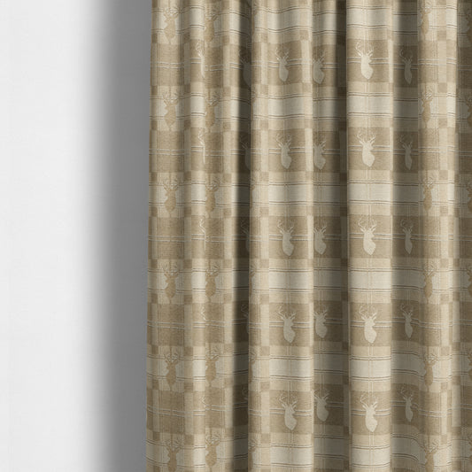 Highland Collection Luxury Soft Like Cotton Feel Stag Deer Head Animal Design On Checked Golden Beige Background Chenille Upholstery Fabric JO-108 - Made To Measure Curtains