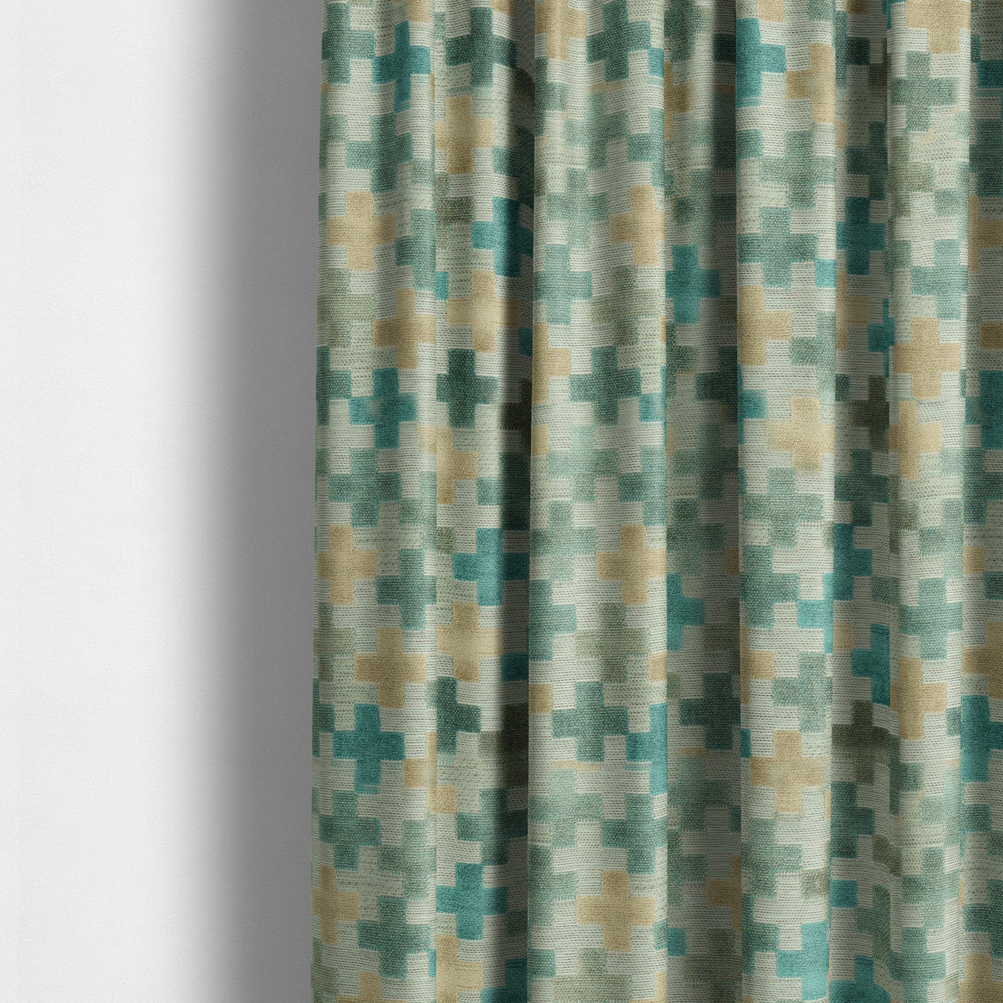 Geometric Plus Sign Pattern Cut Velvet Material Blue Teal Beige Colour Upholstery Fabric JO-1095 - Made To Measure Curtains