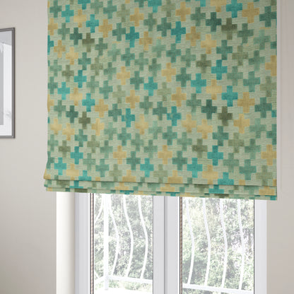 Geometric Plus Sign Pattern Cut Velvet Material Blue Teal Beige Colour Upholstery Fabric JO-1095 - Roman Blinds