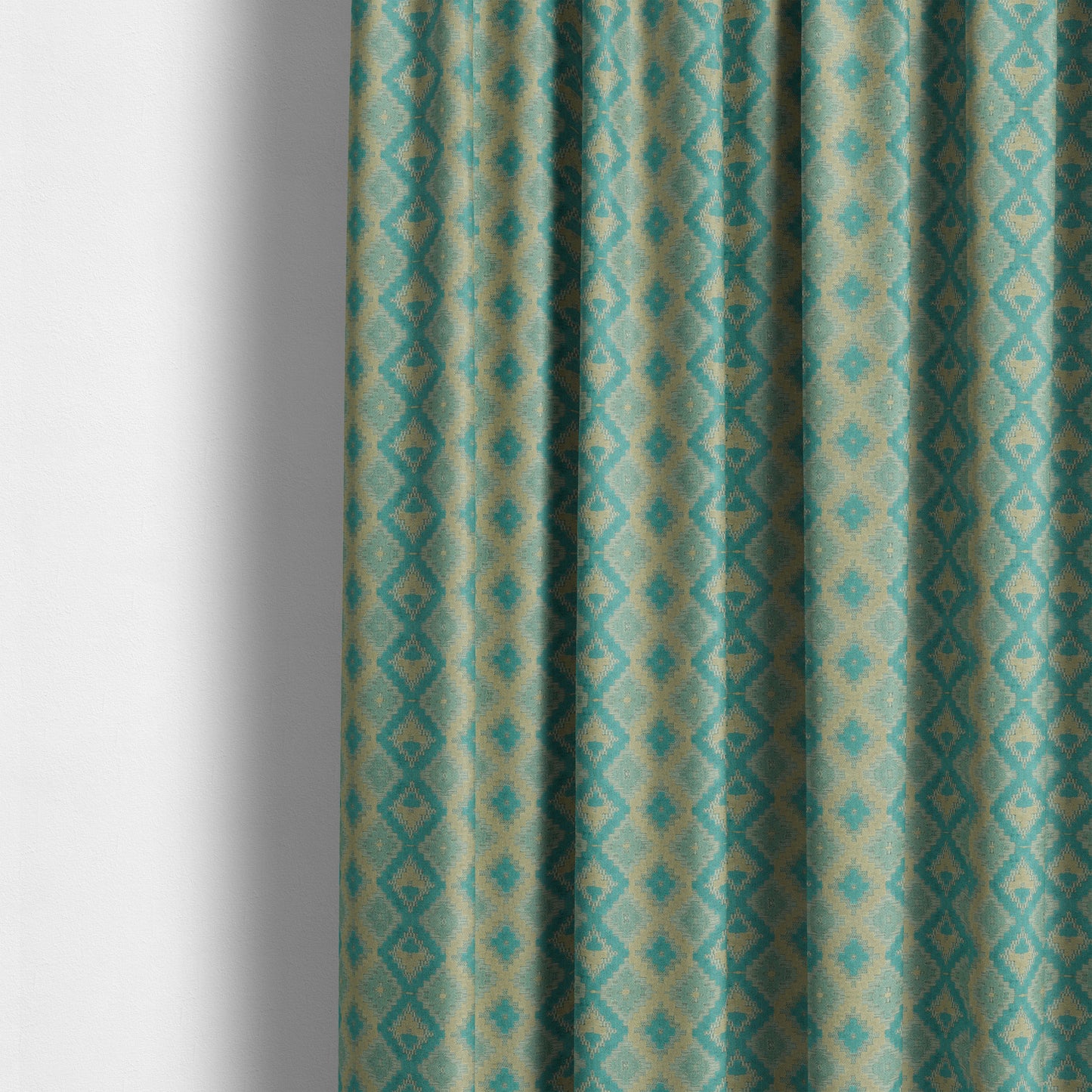 Geometric Aztec Pattern Cut Velvet Material Blue Teal Beige Colour Upholstery Fabric JO-1096 - Made To Measure Curtains