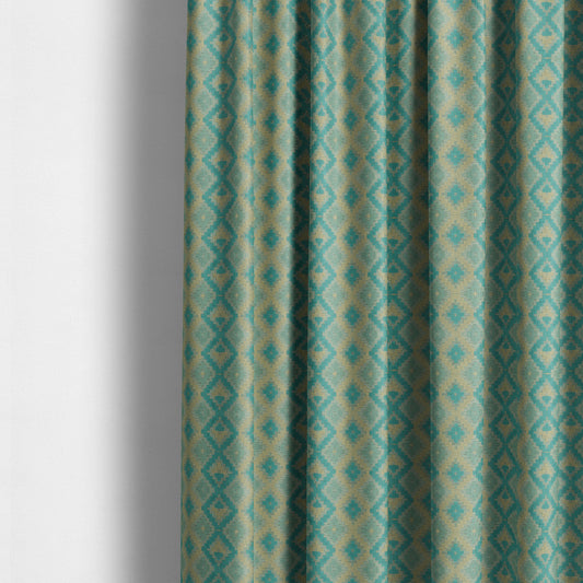 Geometric Aztec Pattern Cut Velvet Material Blue Teal Beige Colour Upholstery Fabric JO-1096 - Made To Measure Curtains