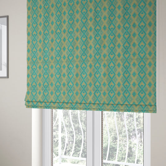 Geometric Aztec Pattern Cut Velvet Material Blue Teal Beige Colour Upholstery Fabric JO-1096 - Roman Blinds