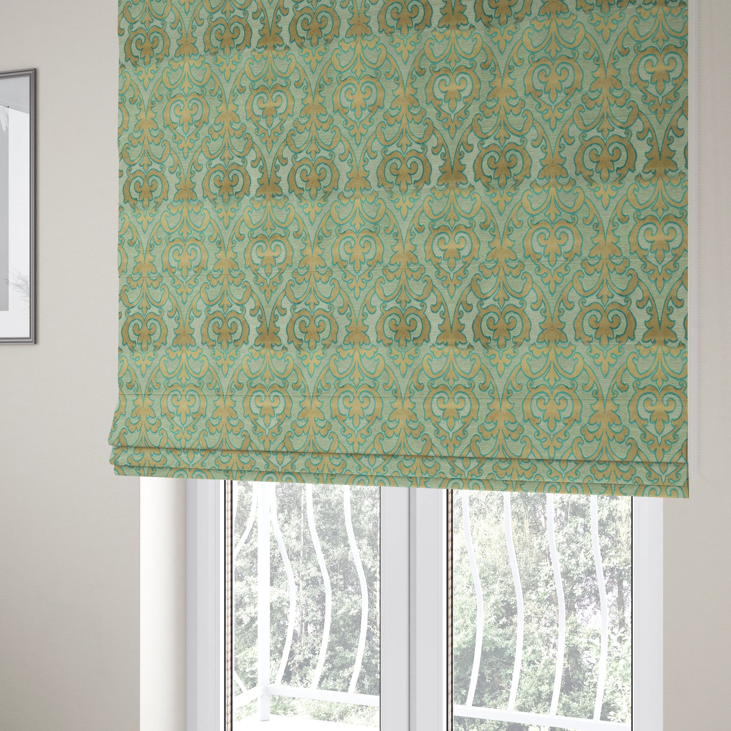 Fleur De Lis Theme Pattern Blue Beige Pattern Cut Velvet Upholstery Fabric JO-1098 - Roman Blinds