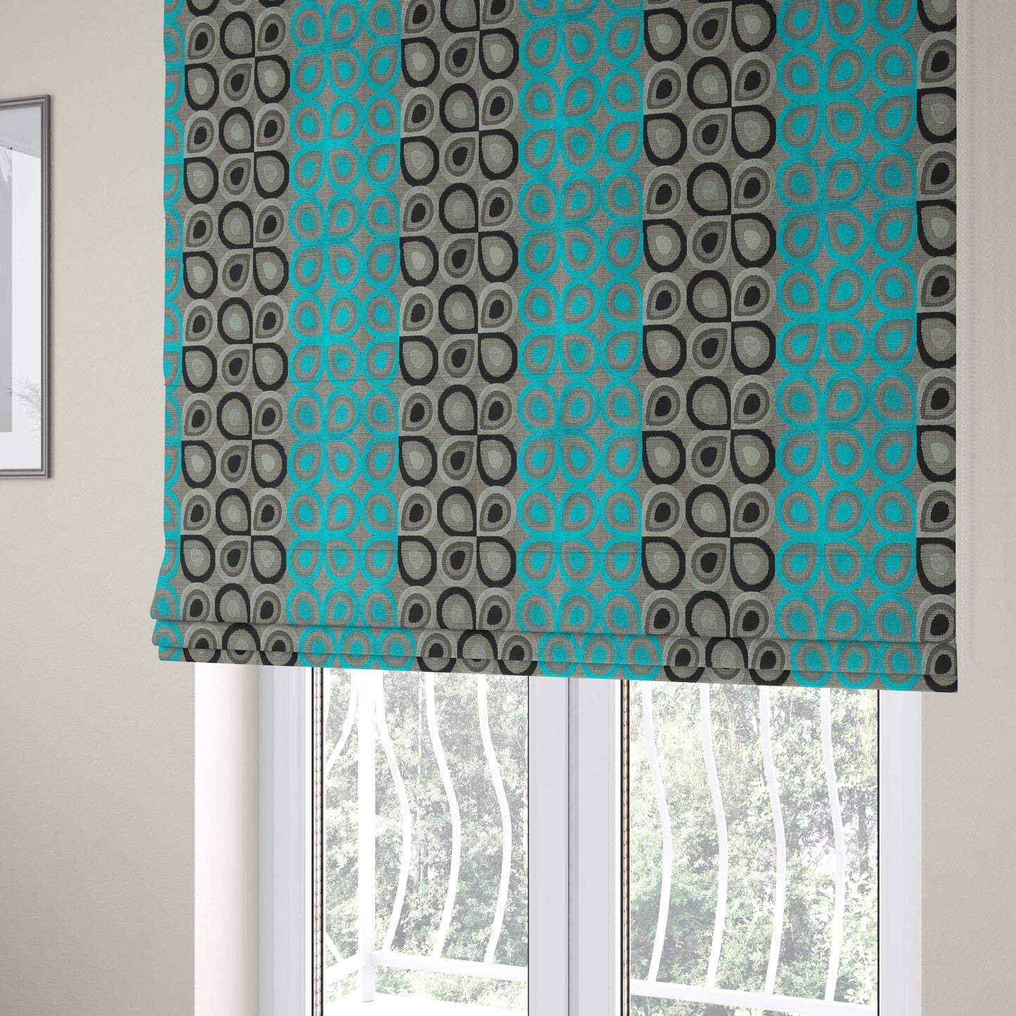 Half Half Black Grey Teal Blue Geometric Round Pattern Fabric Soft Velvet Upholstery Fabric JO-11 - Roman Blinds