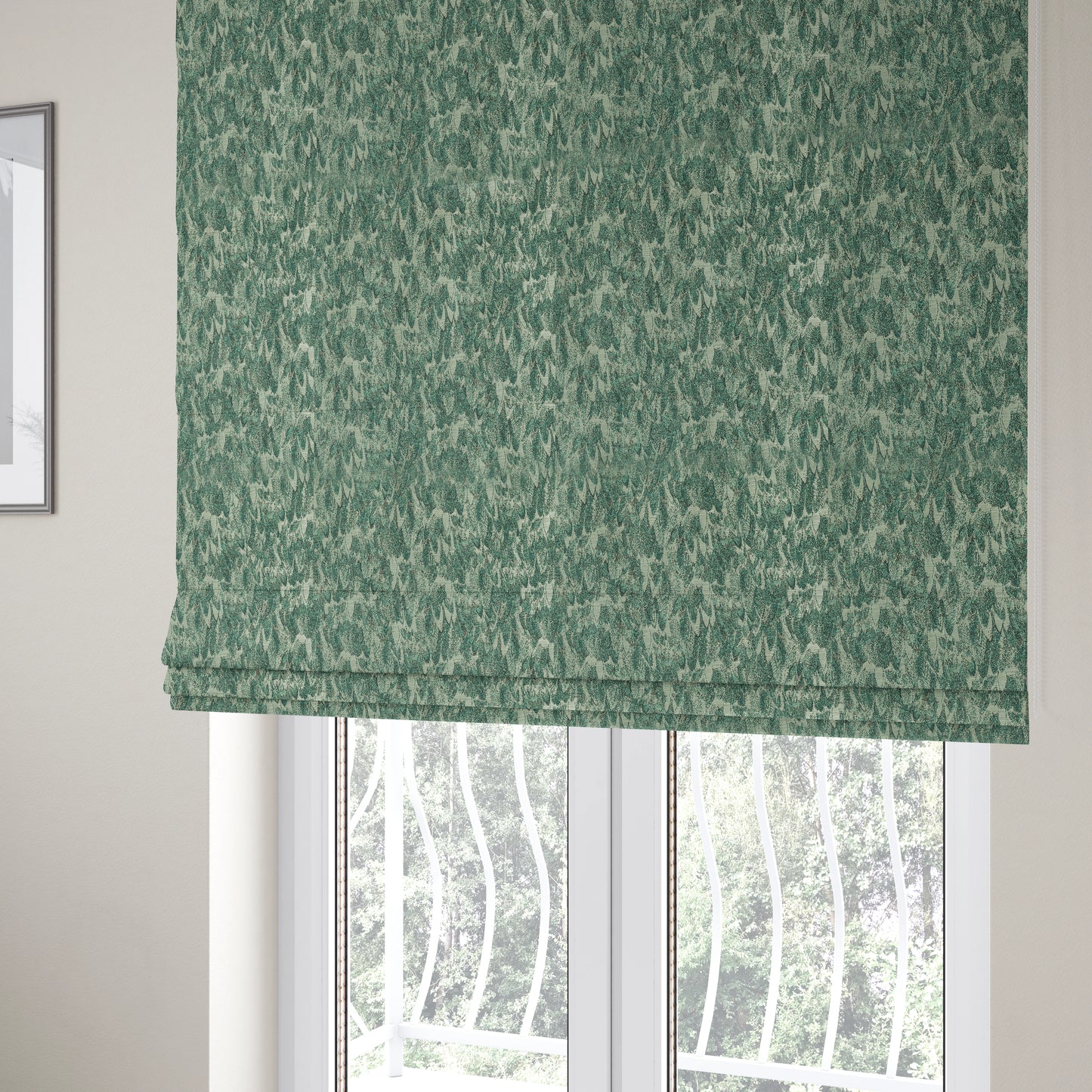 Shine Tone Teal Silver Colour Uniformed Leaf Pattern Chenille Furnishing Upholstery Fabric JO-1100 - Roman Blinds