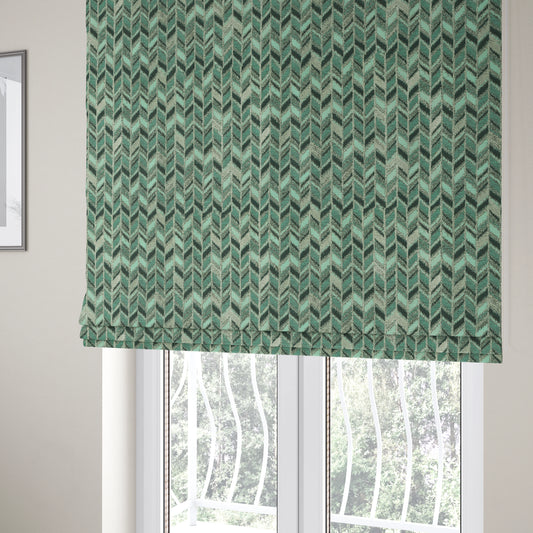 Shine Tone Teal Silver Colour Chevron Pattern Chenille Furnishing Upholstery Fabric JO-1101 - Roman Blinds