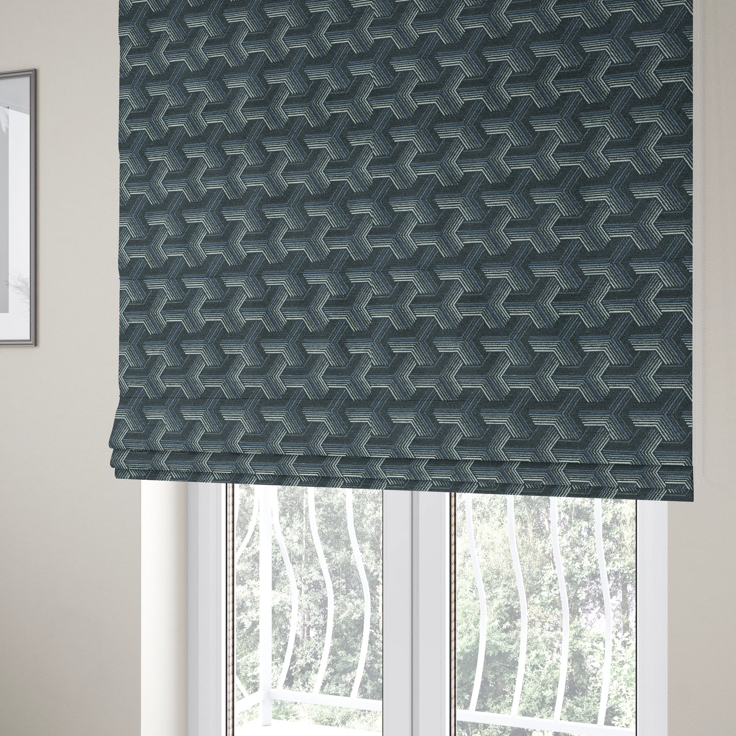 Locked Geometric Pattern Navy Blue Colour Chenille Upholstery Fabric JO-1106 - Roman Blinds