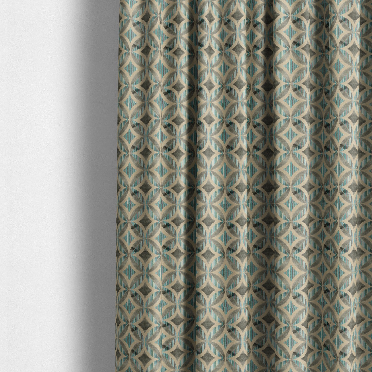 Geometric Oval Pattern Inspired Cut Velvet Teal Blue Beige Colour Upholstery Fabric JO-1108 - Made To Measure Curtains