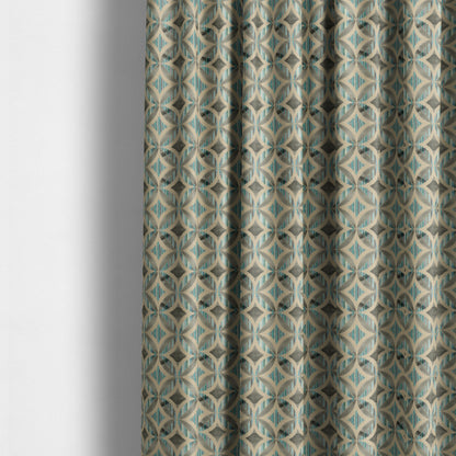 Geometric Oval Pattern Inspired Cut Velvet Teal Blue Beige Colour Upholstery Fabric JO-1108 - Made To Measure Curtains