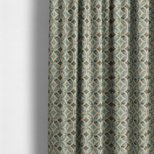 Geometric Oval Pattern Inspired Cut Velvet Teal Blue Beige Colour Upholstery Fabric JO-1108 - Made To Measure Curtains