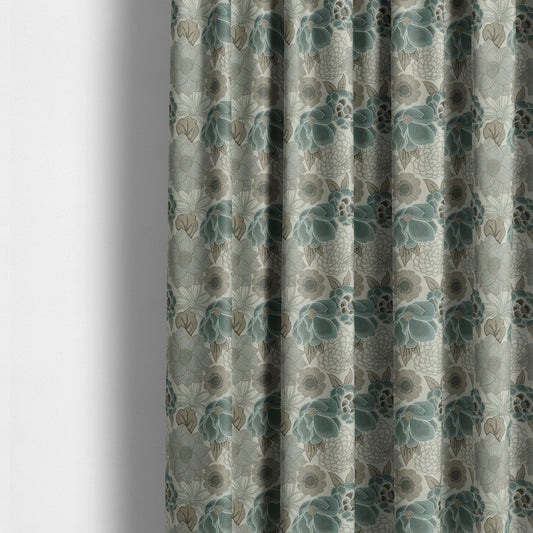 Brown Blue Beige Floral Pattern Soft Chenille Upholstery Fabric JO-111 - Made To Measure Curtains