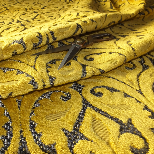 Golden Yellow Colour Medallion Pattern Furnishing Velvet Upholstery Fabric JO-1118 - Made To Measure Curtains