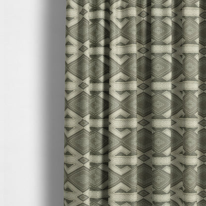 Grey Beige Colour Kilim Aztec Geometric Design Soft Chenille Upholstery Fabric JO-112 - Made To Measure Curtains