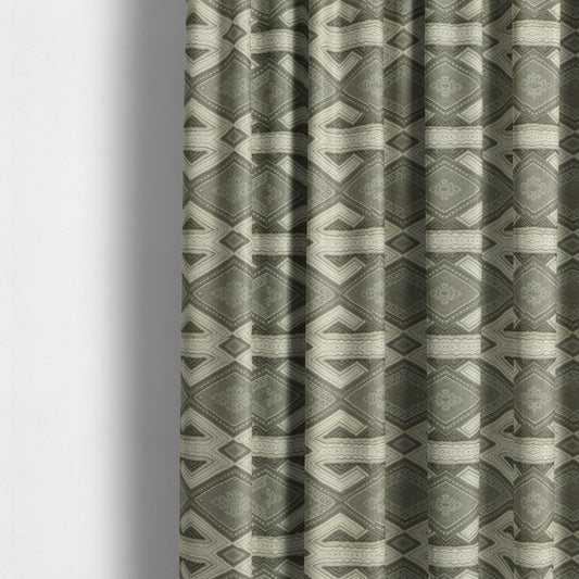 Grey Beige Colour Kilim Aztec Geometric Design Soft Chenille Upholstery Fabric JO-112 - Made To Measure Curtains