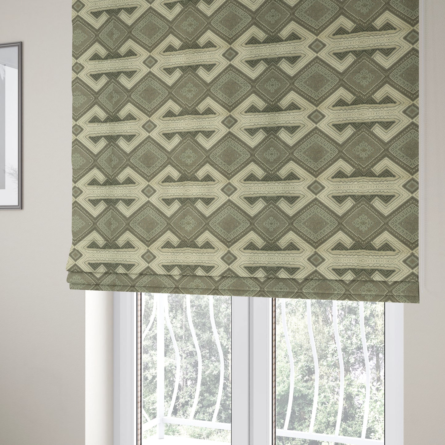 Grey Beige Colour Kilim Aztec Geometric Design Soft Chenille Upholstery Fabric JO-112 - Roman Blinds