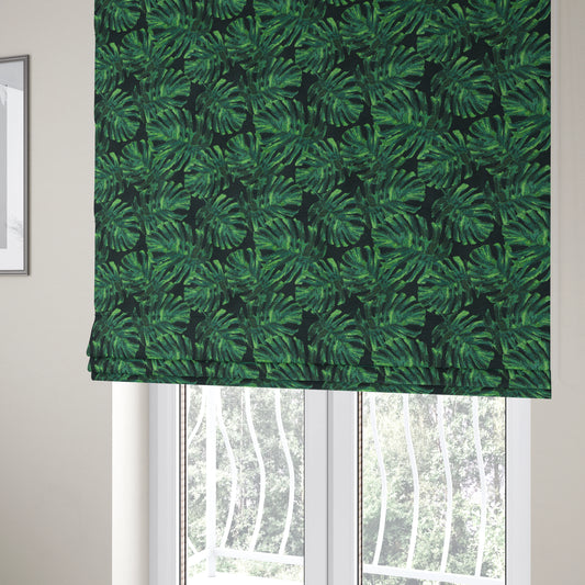 Jungle Leaf Pattern Green Blue Colour Soft Chenille Upholstery Fabric JO-1140 - Roman Blinds