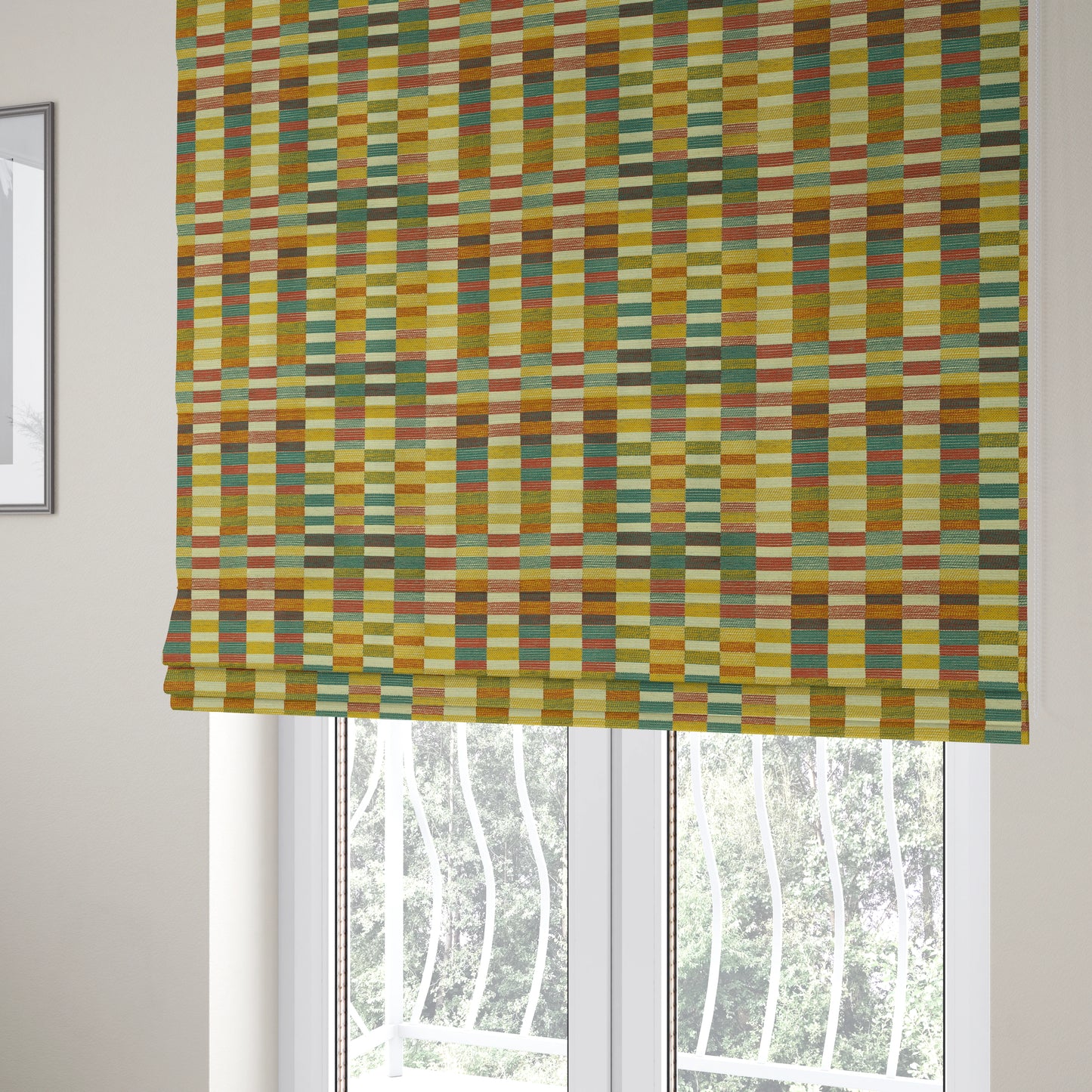 Multicoloured Brick Block Geometric Pattern Chenille Furnishing Upholstery Fabric JO-1163 - Roman Blinds