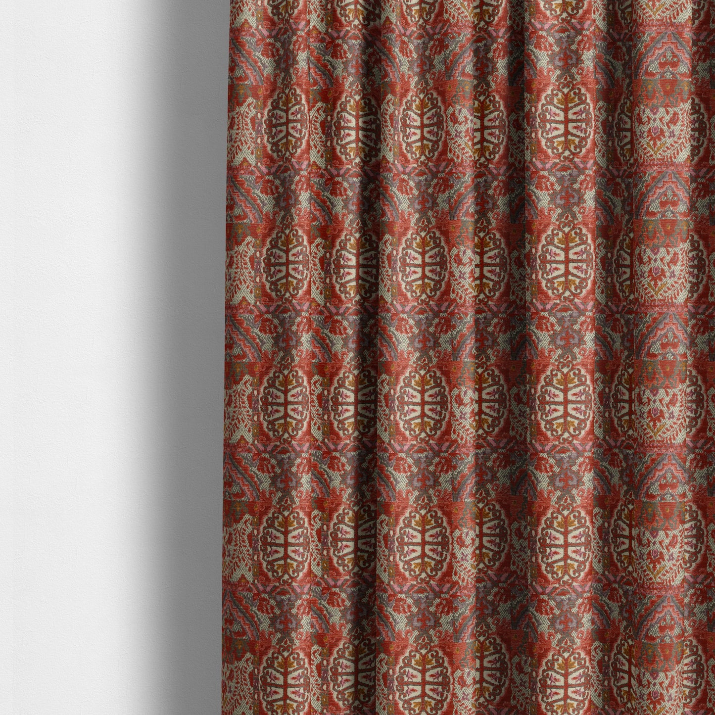 Red Cream Colour Medallion Patchwork Style Pattern Soft Chenille Upholstery Fabric JO-1173 - Made To Measure Curtains