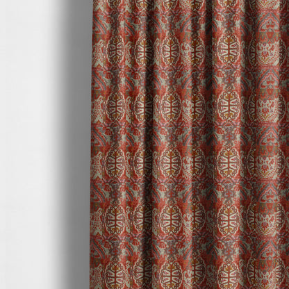 Red Cream Colour Medallion Patchwork Style Pattern Soft Chenille Upholstery Fabric JO-1173 - Made To Measure Curtains