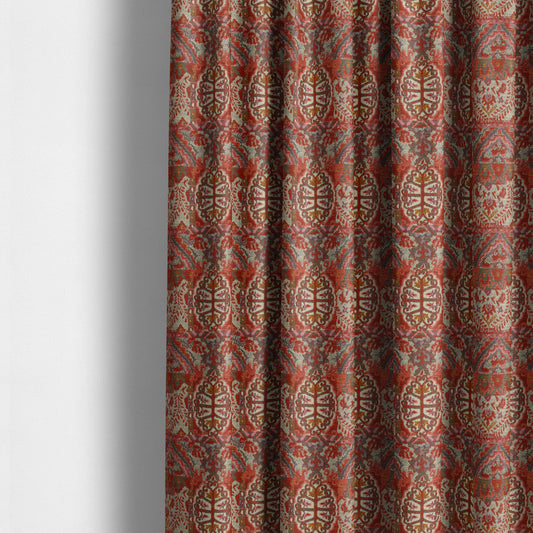 Red Cream Colour Medallion Patchwork Style Pattern Soft Chenille Upholstery Fabric JO-1173 - Made To Measure Curtains