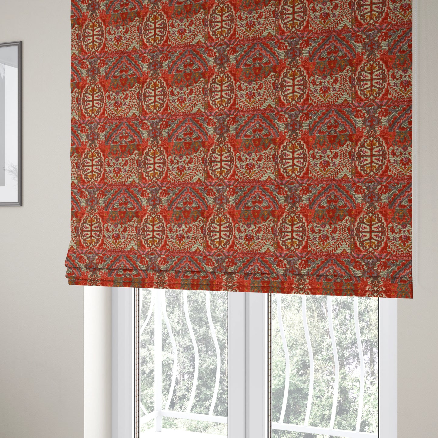 Red Cream Colour Medallion Patchwork Style Pattern Soft Chenille Upholstery Fabric JO-1173 - Roman Blinds