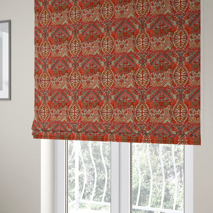 Red Cream Colour Medallion Patchwork Style Pattern Soft Chenille Upholstery Fabric JO-1173 - Roman Blinds