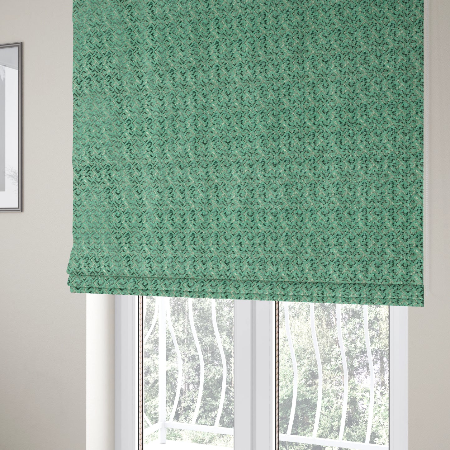 Teal Colour Geometric Pattern Chenille Furnishing Upholstery Fabric JO-1175 - Roman Blinds