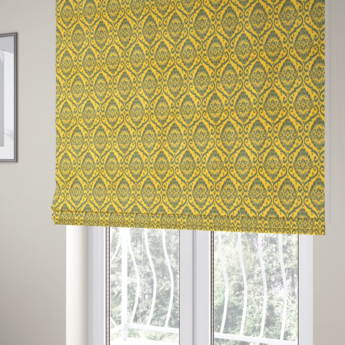 Grey Yellow Damask Medallion Pattern Chenille Upholstery Fabric JO-1176 - Roman Blinds