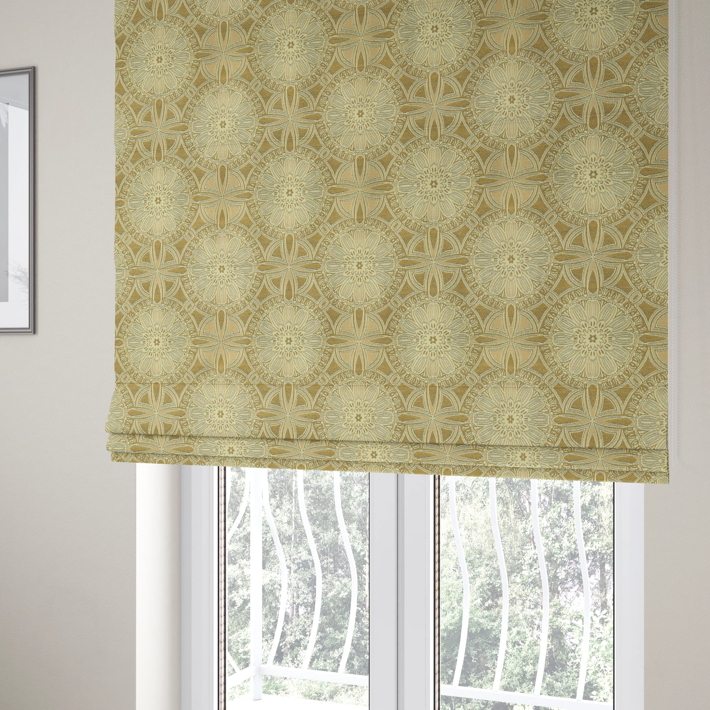 Floral Blossom Medallion Pattern In Natural Cream Colour Chenille Upholstery Fabric JO-1180 - Roman Blinds