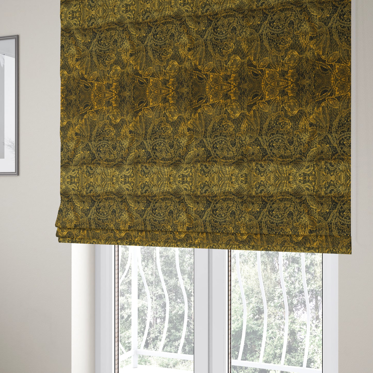 Floral Full Pattern Soft Velvet Black Yellow Gold Colour Upholstery Fabric JO-1197 - Roman Blinds