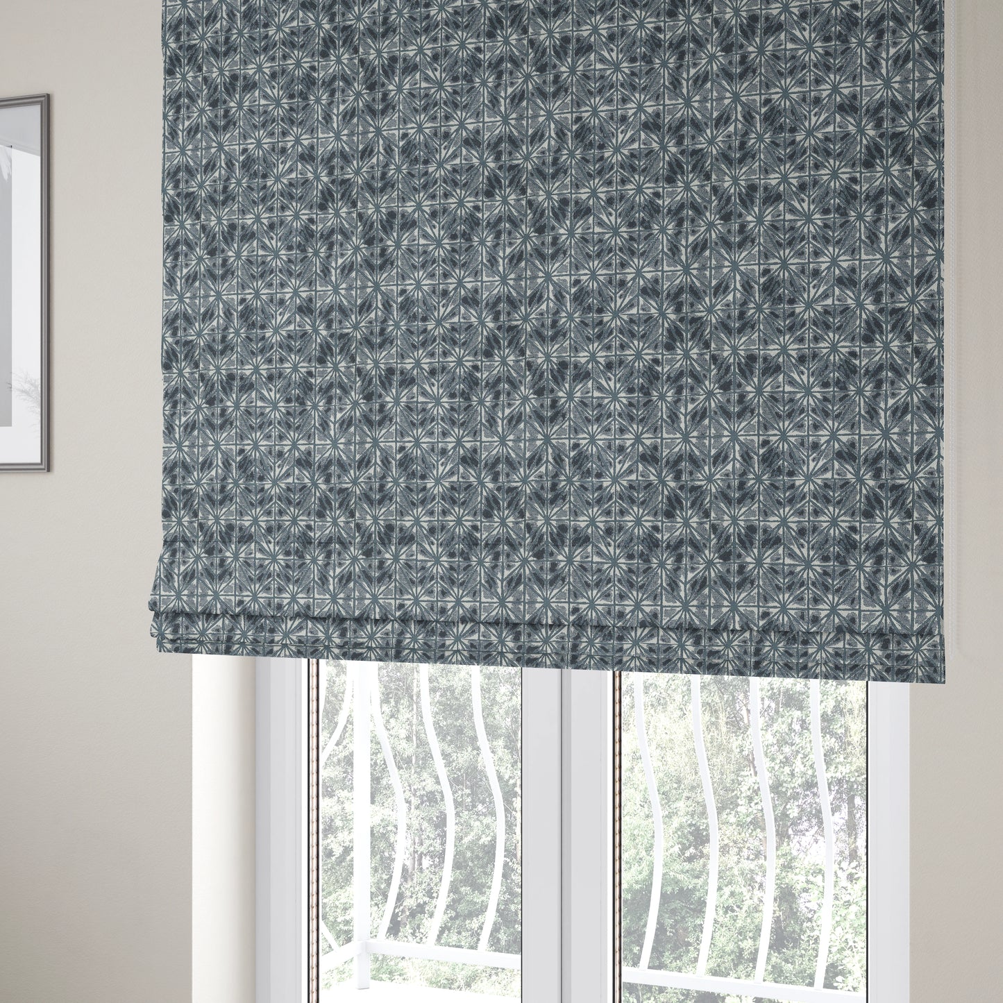 Blue Colour Geometric Star Burst Pattern In Chenille Material Upholstery Fabric JO-1206 - Roman Blinds