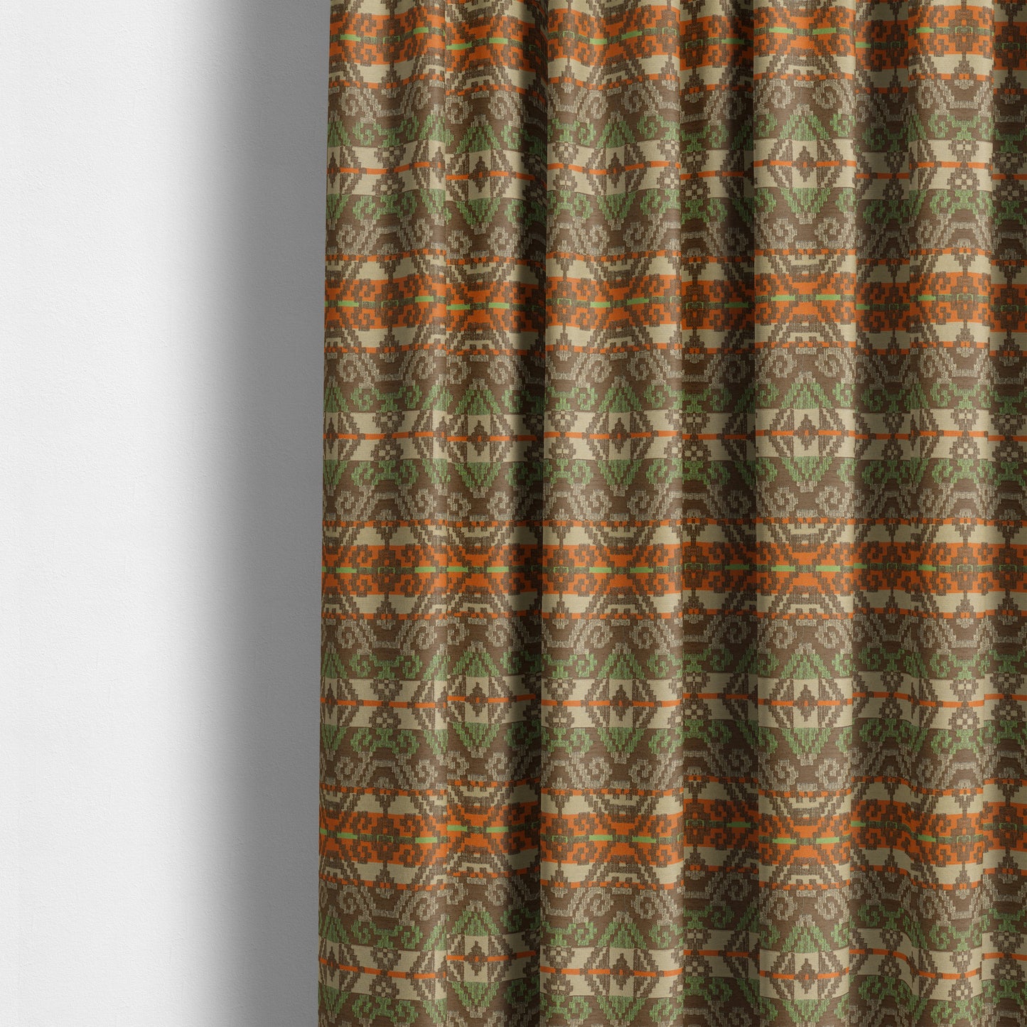 Brown Orange Green Colour Tribal Kilim Pattern Striped Chenille Furnishing Fabric JO-1218 - Made To Measure Curtains