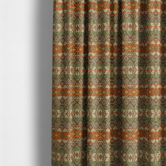 Brown Orange Green Colour Tribal Kilim Pattern Striped Chenille Furnishing Fabric JO-1218 - Made To Measure Curtains