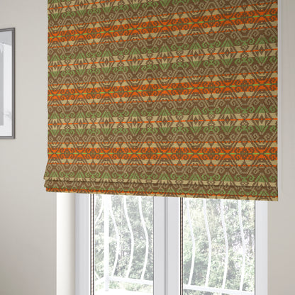 Brown Orange Green Colour Tribal Kilim Pattern Striped Chenille Furnishing Fabric JO-1218 - Roman Blinds