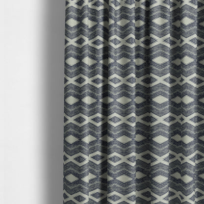 Blue White Silver Colour In Out Kilim Inspired Pattern Chenille Upholstery Fabric JO-1219 - Made To Measure Curtains