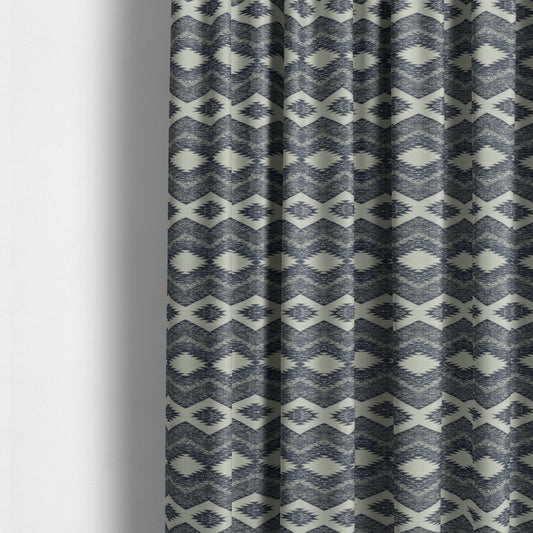 Blue White Silver Colour In Out Kilim Inspired Pattern Chenille Upholstery Fabric JO-1219 - Made To Measure Curtains