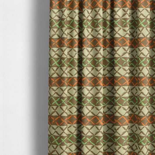 Brown Orange Green Colour Inspired Kilim Pattern Striped Chenille Furnishing Fabric JO-1225 - Made To Measure Curtains