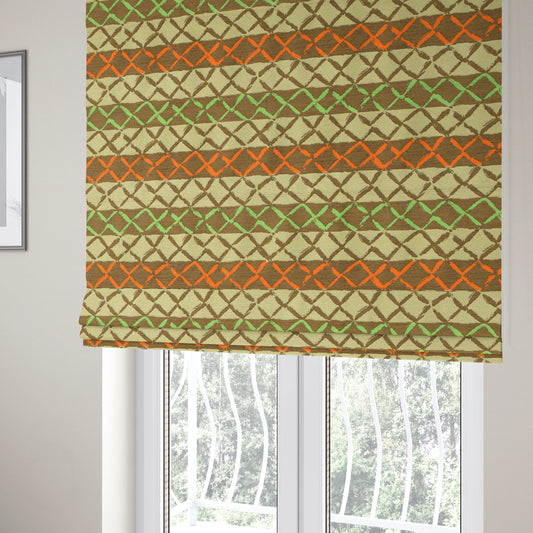 Brown Orange Green Colour Inspired Kilim Pattern Striped Chenille Furnishing Fabric JO-1225 - Roman Blinds