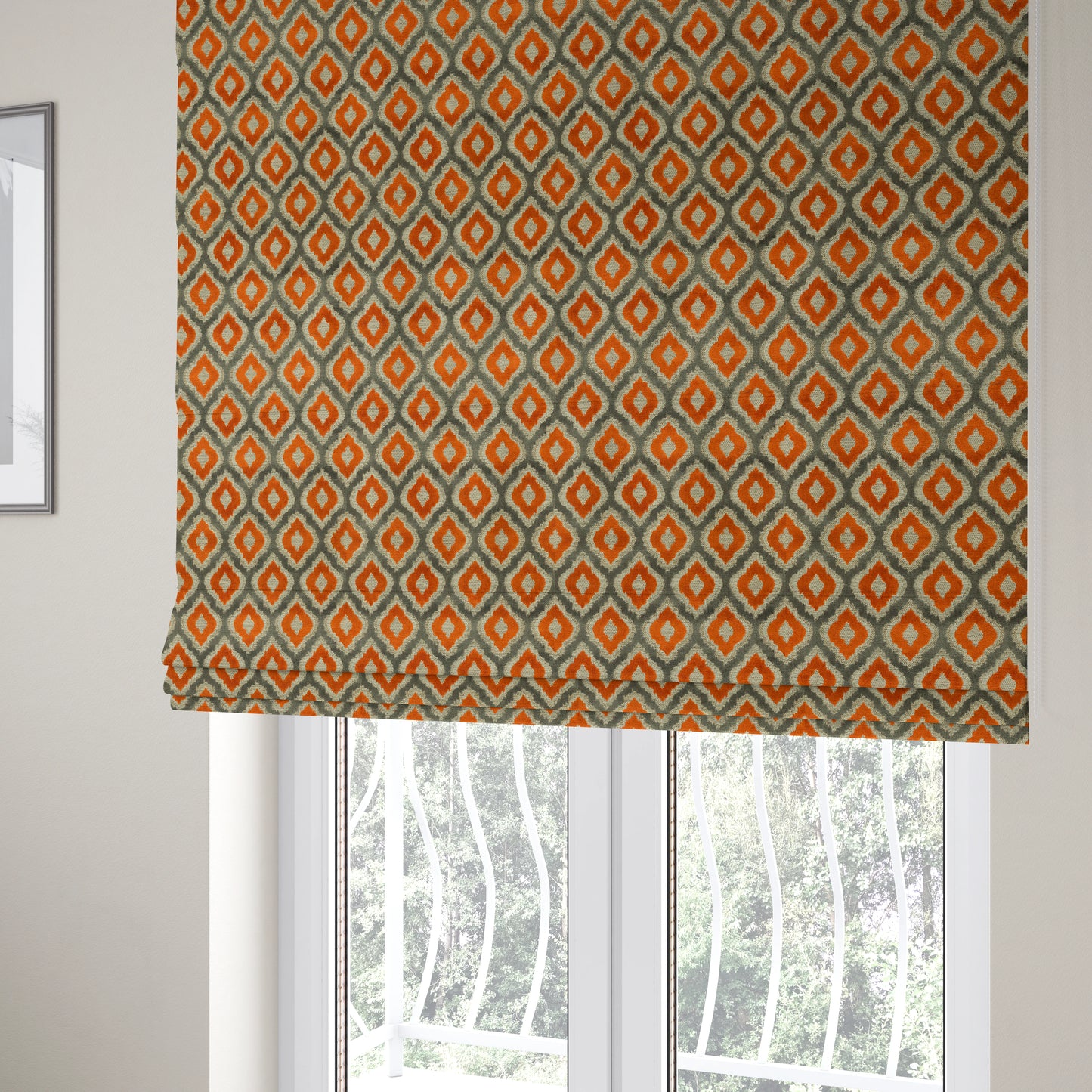 Hexagon Patterns Cut Velvet Grey Orange Colour Upholstery Fabric JO-1242 - Roman Blinds