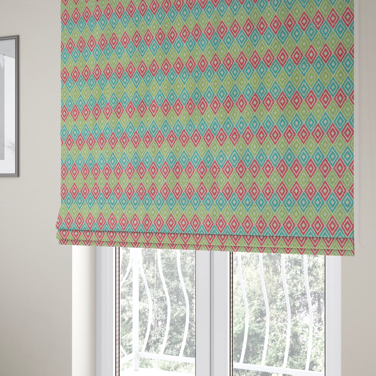 Diamond Geometric Modern Pattern Teal Pink Green Colour Chenille Curtains Upholstery Fabric JO-1249 - Roman Blinds