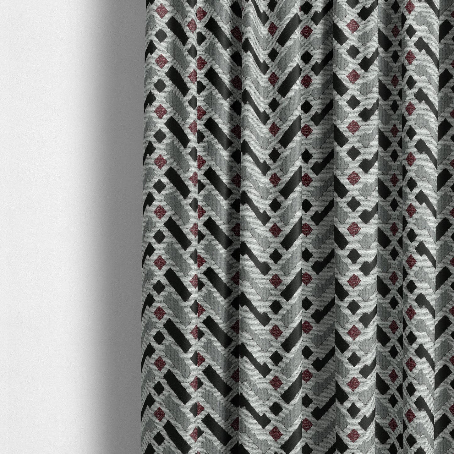 Fantasque Chevron Striped Pattern Furnishing Fabric In White Black Red Colours Woven Soft Chenille Fabric JO-125 - Made To Measure Curtains