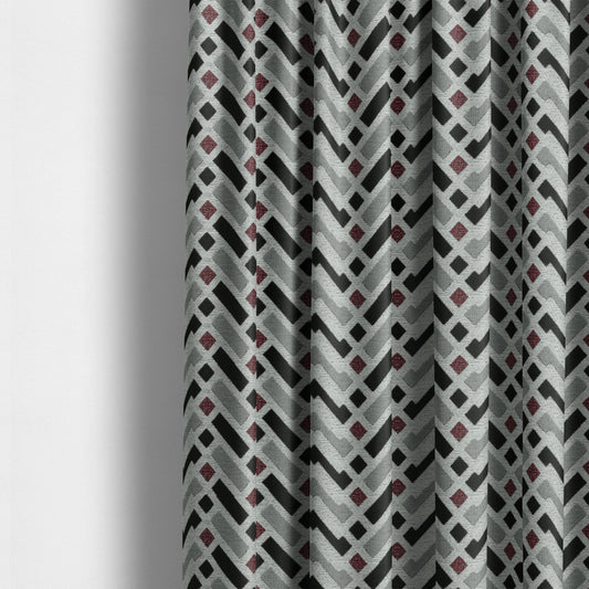 Fantasque Chevron Striped Pattern Furnishing Fabric In White Black Red Colours Woven Soft Chenille Fabric JO-125 - Made To Measure Curtains