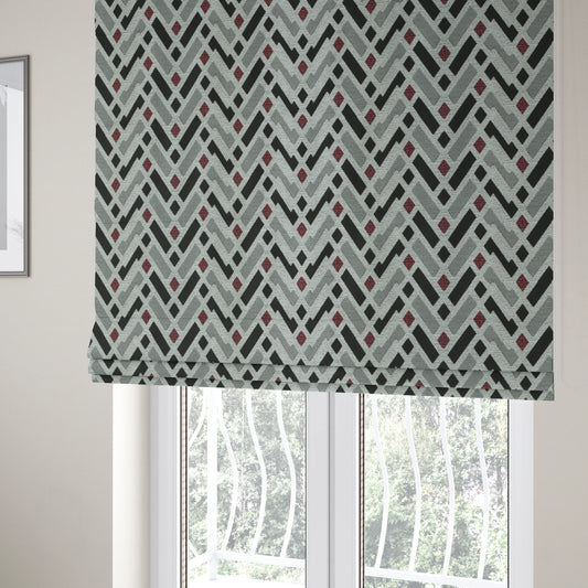 Fantasque Chevron Striped Pattern Furnishing Fabric In White Black Red Colours Woven Soft Chenille Fabric JO-125 - Roman Blinds