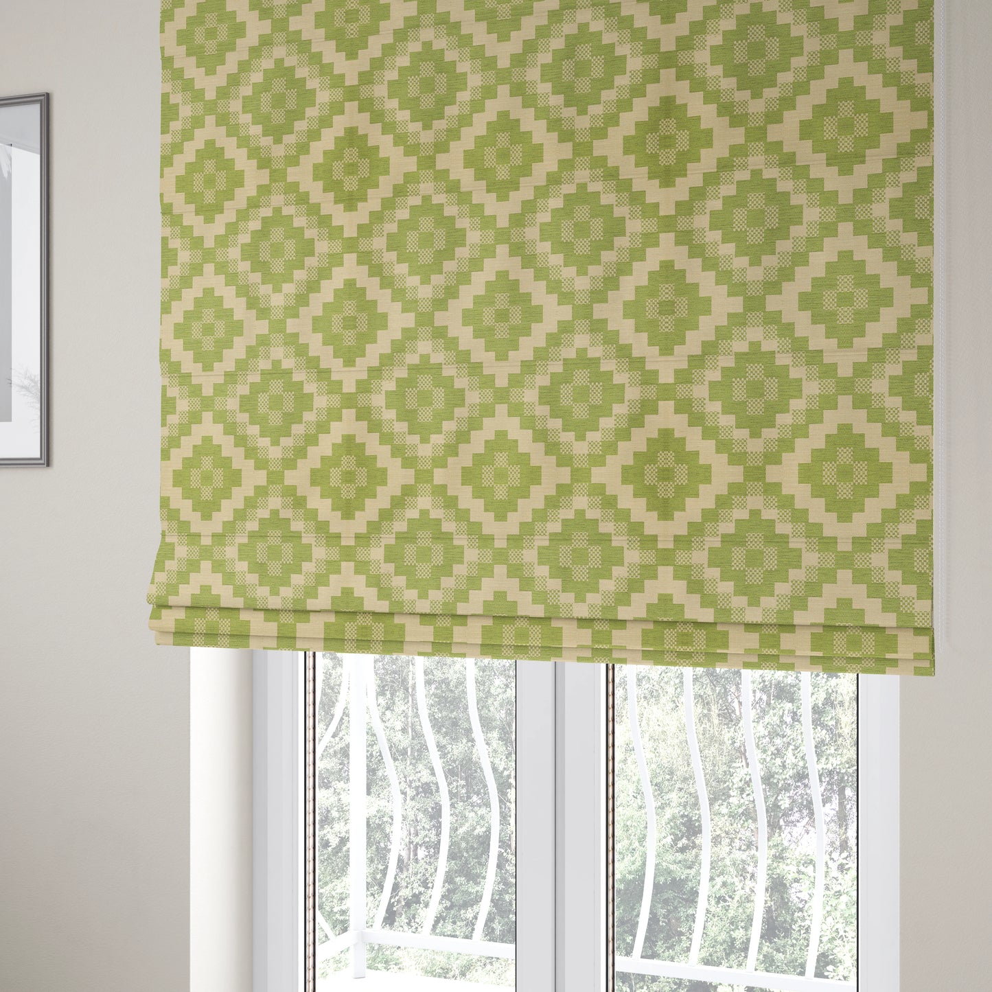 Green Beige Colour Cubed Tetris Pattern Furnishing Upholstery Fabric JO-1266 - Roman Blinds